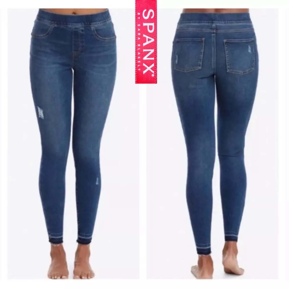 SPANX Size XS Distressed Skinny Pull On Jeans Flat Front High Rise